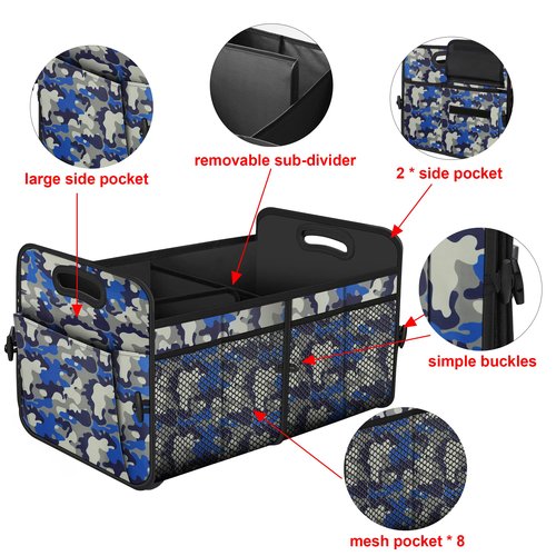 Femuar Car Trunk Organizer with 72L Large Capacity Waterproof Collapsible and 11 Pockets, Trunk Organizer for Car SUV/Jeep/Sedan, Large Size, Blue Camouflage
