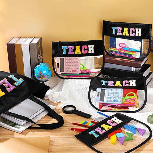 Talltalk 12 Pcs Teacher Tote Bags Bulk, Black Appreciation Gifts Chenille Letters Totes Bags with Makeup Pouch Set for Easter Graduation Party Teacher Gifts