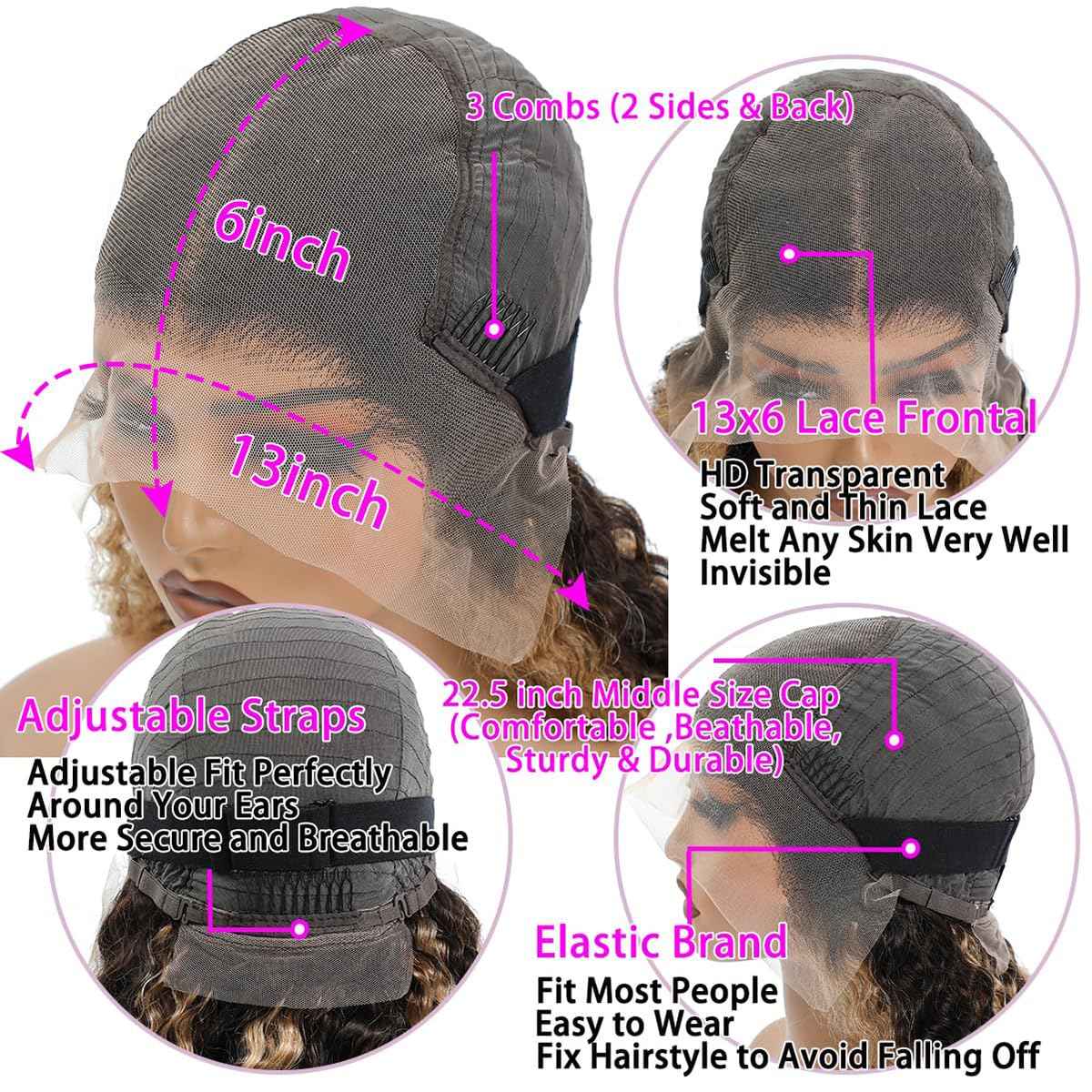 Highlight Lace Front Wig Human Hair 13x6 Deep Wave Wig Brazilian Ombre Honey Blonde Color Wig Human Hair Pre Plucked with Baby Hair Wet and Wavy Deep Curly Wigs for Black Women 180% Density (24 Inch)