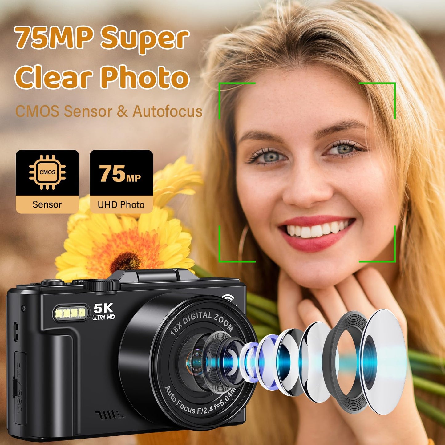 5K Digital Camera for Photography - WiFi 75MP Vlogging Cameras for YouTube - UHD Autofocus Video Camera 3" 180° Flip Screen with 18X Zoom - Compact Vlog Travel Camara with 32GB SD Card, 2 Batteries
