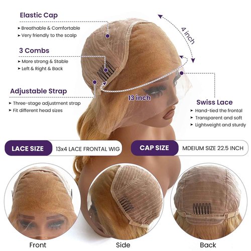 Ubetta Honey Blonde Wig Human Hair, Body Wave Honey Blonde Lace Front Wig Human Hair Glueless 13x4 HD Wigs Human Hair Pre Plucked 180% Density Lace Frontal Human Hair Wigs 27# Blonde Wig 20 Inch