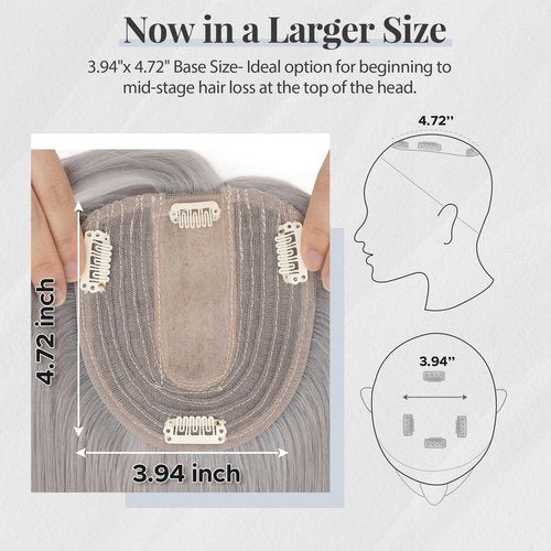 SEGOHAIR Human Hair Topper for Women, with Silk Base 3.94x4.72, 8 Inches, 4 Clips, for Thinning Hair, with Front Bangs, Salt and Pepper Color, Natural Look