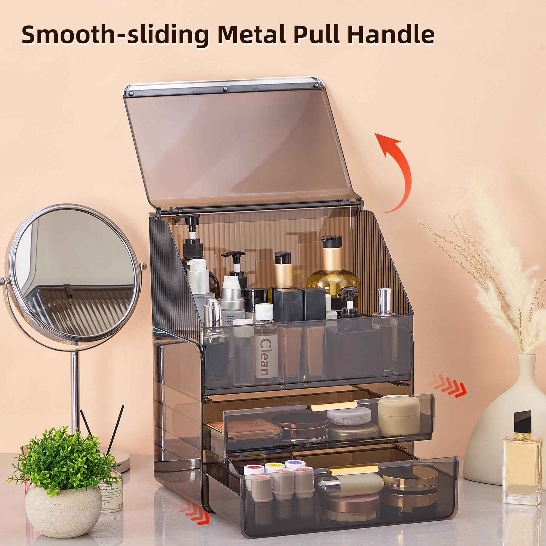 Large Cosmetic Organizer with Lipstick Holder Fully Transparent with Drawers, Dustproof Waterproof Bathroom Counter Storage for Skincare Lipstick Makeup Brushes(Black)