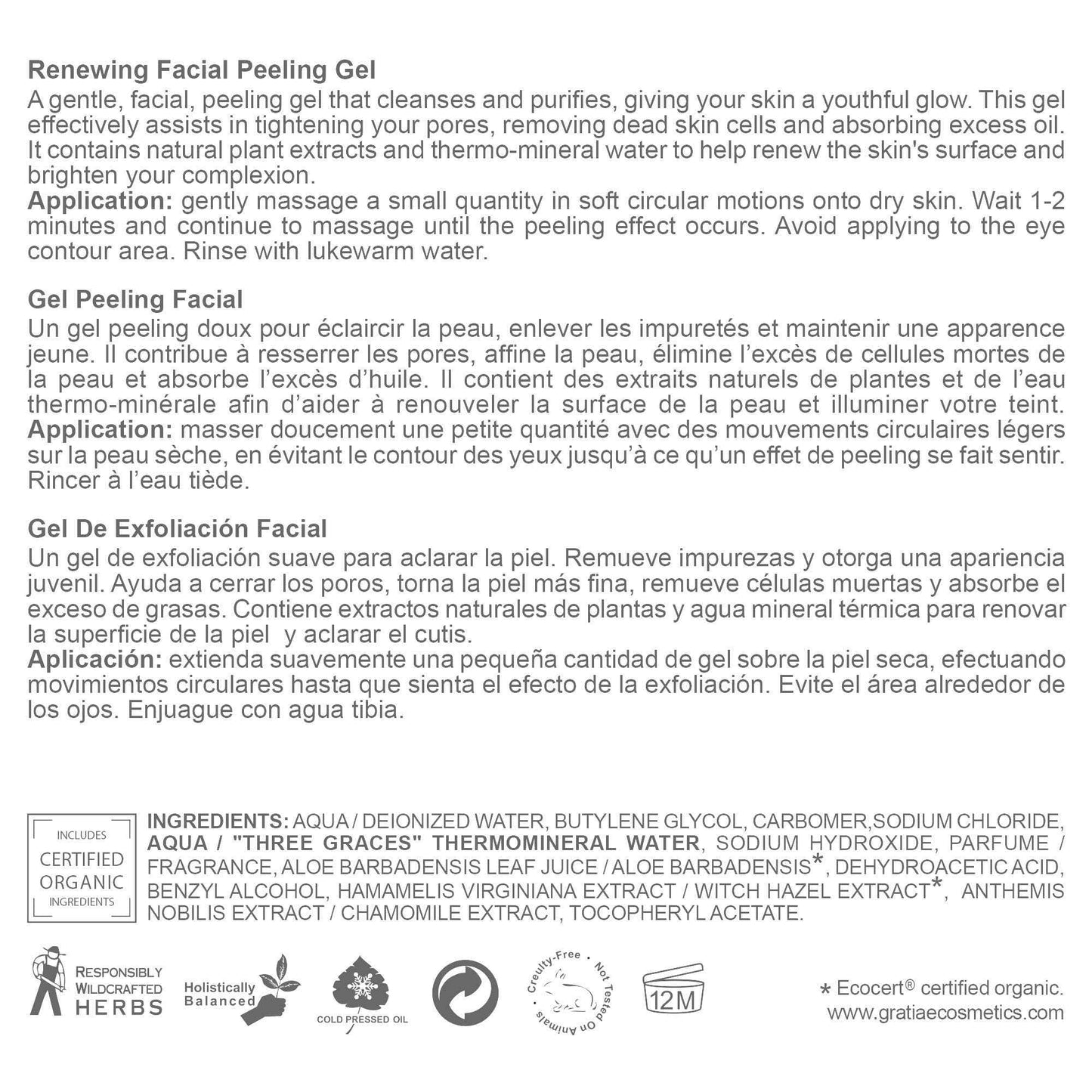 Gratiae organic renewing Peeling gel face mask, mild face cleanser with witch hazel, Deep cleans, removes dead skin cells and blackheads, anti-aging skin care, 1.7 Fl oz