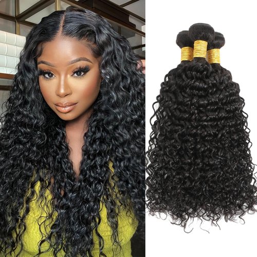 MOMOSHERO Water Wave Human Hair Bundles - Natural Black Wet & Wavy Curly Sew In Weave, Soft & Shed-free 12A 100% Brazilian Virgin Remy Hair - 3 Bundles, 12, 14, 16 Inch