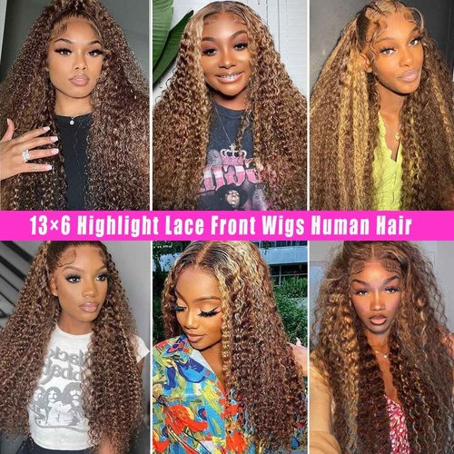 PXTPXT 30 Inch Honey Blonde Highlight Ombre Lace Front Wig Human Hair 200% Density 13x6 HD Deep Wave Curly Wig Pre Plucked with Baby Hair