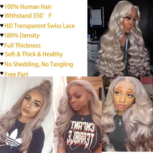 SISHAIRRO Grey Lace Front Wigs Human Hair Pre Plucked with Natural Hairline 13x6 Glueless Wigs Human Hair 180 Density Highlight Body Wave Lace Frontal Wig 26 Inch