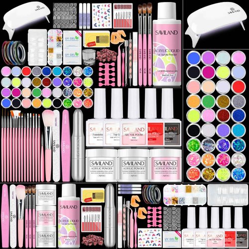 SAVILAND Acrylic Nail Kit for Beginners: Professional Nail Kit Acrylic Set with Everything Nail Drill Acrylic Powder Monomer Liquid Gel Nail Polish U V Nail Light Christmas Gift Home Extension