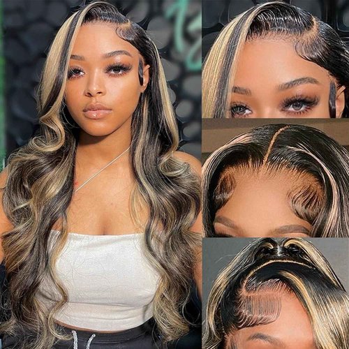 Aveiyce 13x6 Highlight Ombre Balayage Lace Front Wigs Human Hair 1b/27 Black and Blonde Lace Frontal Body Wave Wig Pre Plucked with Baby Hair for Black Women HD Transparent 180% Density Wig 18 Inch
