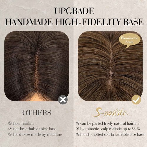 S-noilite Hair Toppers for Women Real Human Hair, 100% Human Hair Toppers with Bangs for Thin Hair, 3.5"*4.7" Handmade Nature-mimicking Scalp Base 12” Natural Brown