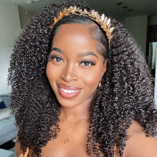 BLY Afro Curly Headband Wig Human Hair Half Wig for Women Glueless Kinky Curly Mongolian Wig 10A Grade 180% Density Natural Black Middle Part Headband Wigs 18 Inch