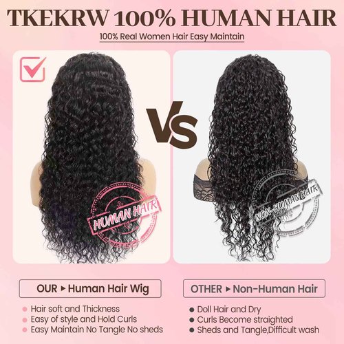 Tkekrw 20 Inch 13x6 HD Deep Wave Lace Front Wigs Human Hair 200 Density HD Frontal Water Wave Wigs Glueless Wet and Wavy Pre Plucked Curly Wig for Women 100% Brazilian Remy Virgin Hair Natural Black