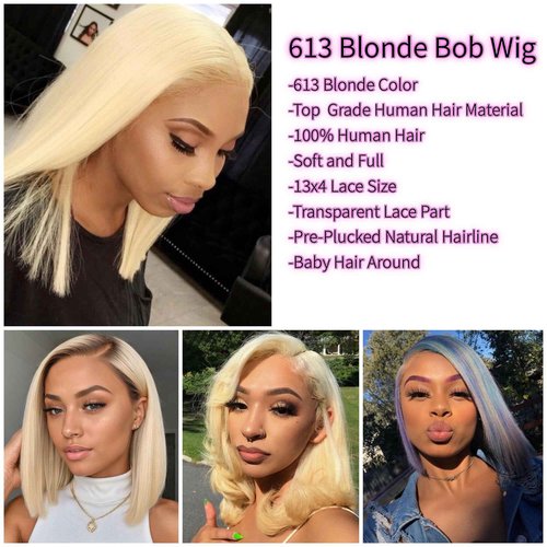 613 Blonde Bob Wig 180% Density 13x4 Lace Front Wigs Human Hair HD Transparent Lace Pre-plucked Bleached Knots Lace Front Wig With Baby Hair Straight Lace Front Wigs (12inch, #613 platinum blonde)