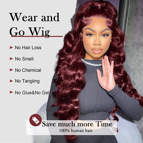 Gemlong 20 Inch 99J Burgundy Lace Front Wigs Human Hair Body Wave 13x4 HD Transparent Pre Plucked Glueless Lace Frontal Wig Human Hair 200% Density Red Wine Colored Human Hair Wigs for Women