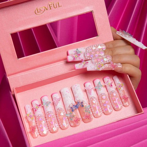 LOVFUL Press on Nails Tipsy Butterfly | Handmade with Full Covered Crystals | Reusable Full Cover Nails | Square Long 2.2 in | H184-M