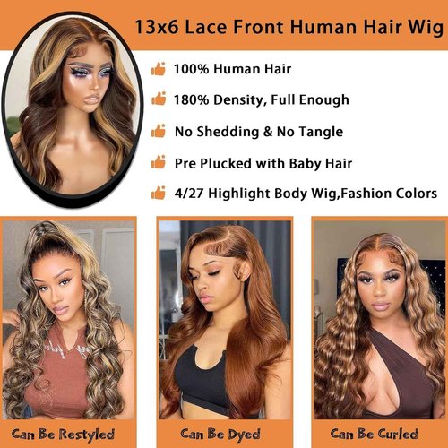 Linrkeyy Ombre Lace Front Wig Human Hair 13X6 Honey Blonde Wigs Human Hair 180% Density HD Lace Frontal Wig Body Wave 4/27 Highlight Glueless Wigs Human Hair Pre Plucked whth Baby Hair 24Inch