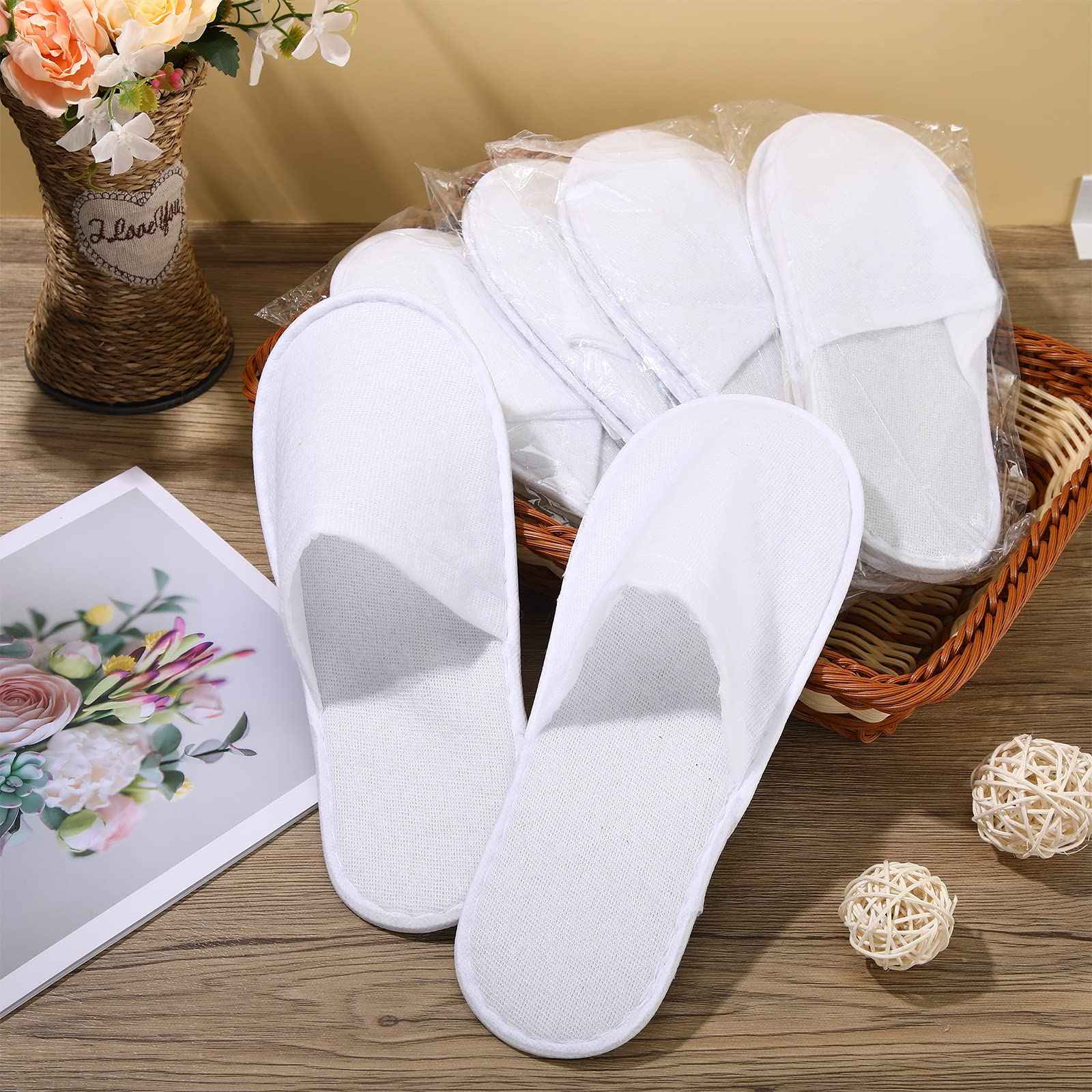 JaGely 120 Pairs Bulk Disposable Slippers Non Slip Hotel Spa Slippers Fluffy Closed Toe for Home Indoor Wedding Travel Party Guests Men Women(White)