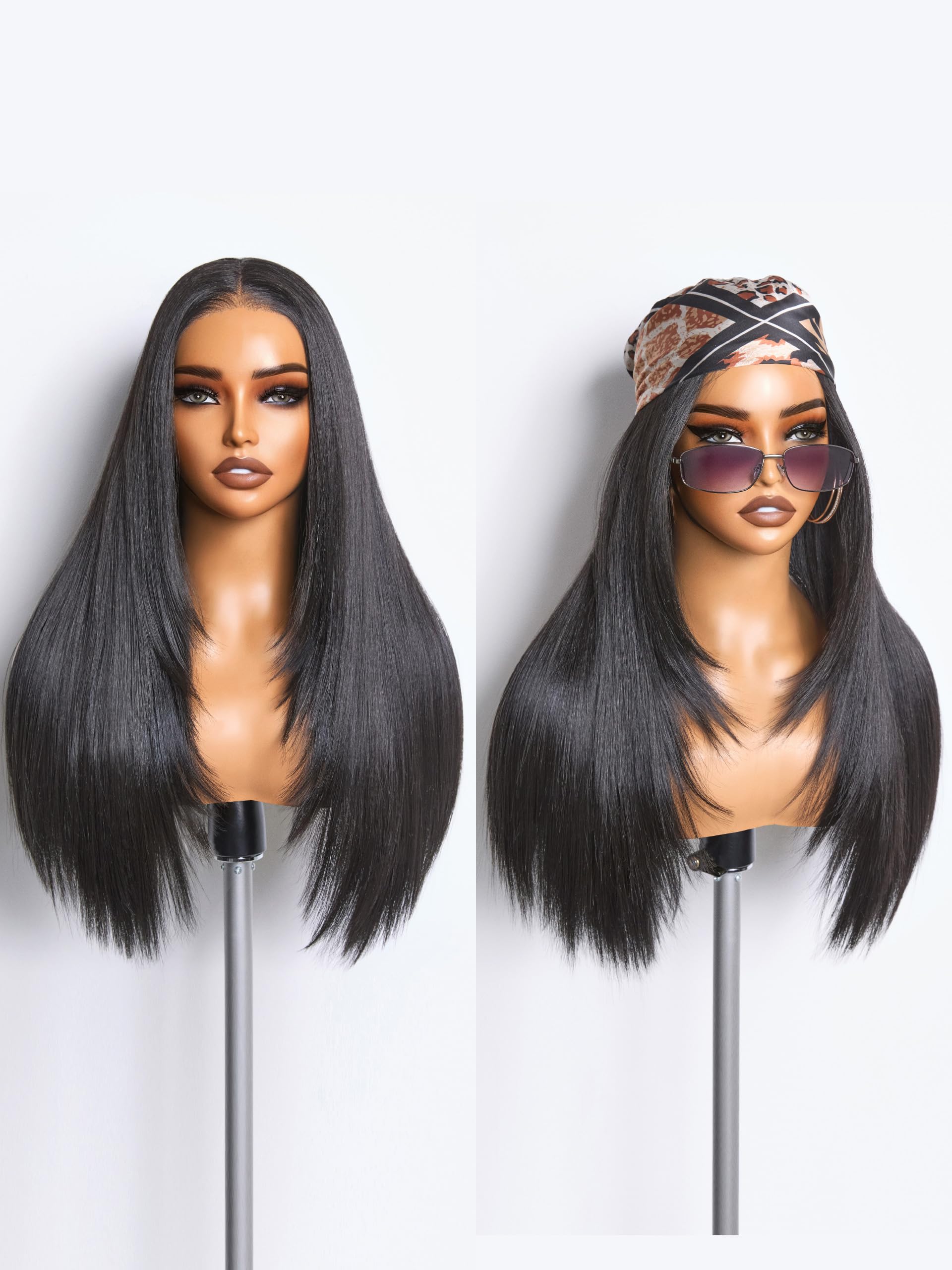 GORGIUS Black Straight Lace Front Wigs Pre Cut Glueless Layered Wig Middle Part Synthetic Frontal Wig with Natural Hairline 24 Inch