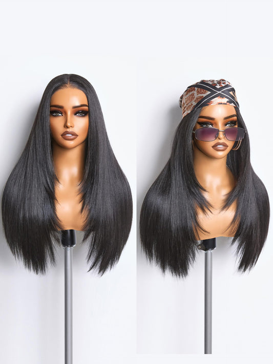 GORGIUS Black Straight Lace Front Wigs Pre Cut Glueless Layered Wig Middle Part Synthetic Frontal Wig with Natural Hairline 24 Inch