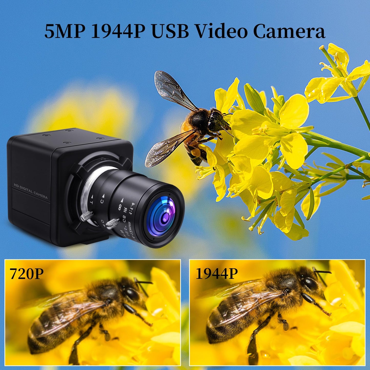 5MP USB Camera 2.8-12mm Varifocal Lens 4X Manual Zoom Lightburn Webcam OV5640 Sensor Close-up Camera 1944P Golf Swing Cameras Plug&Play for Mac Windows Linux Raspberry Pi