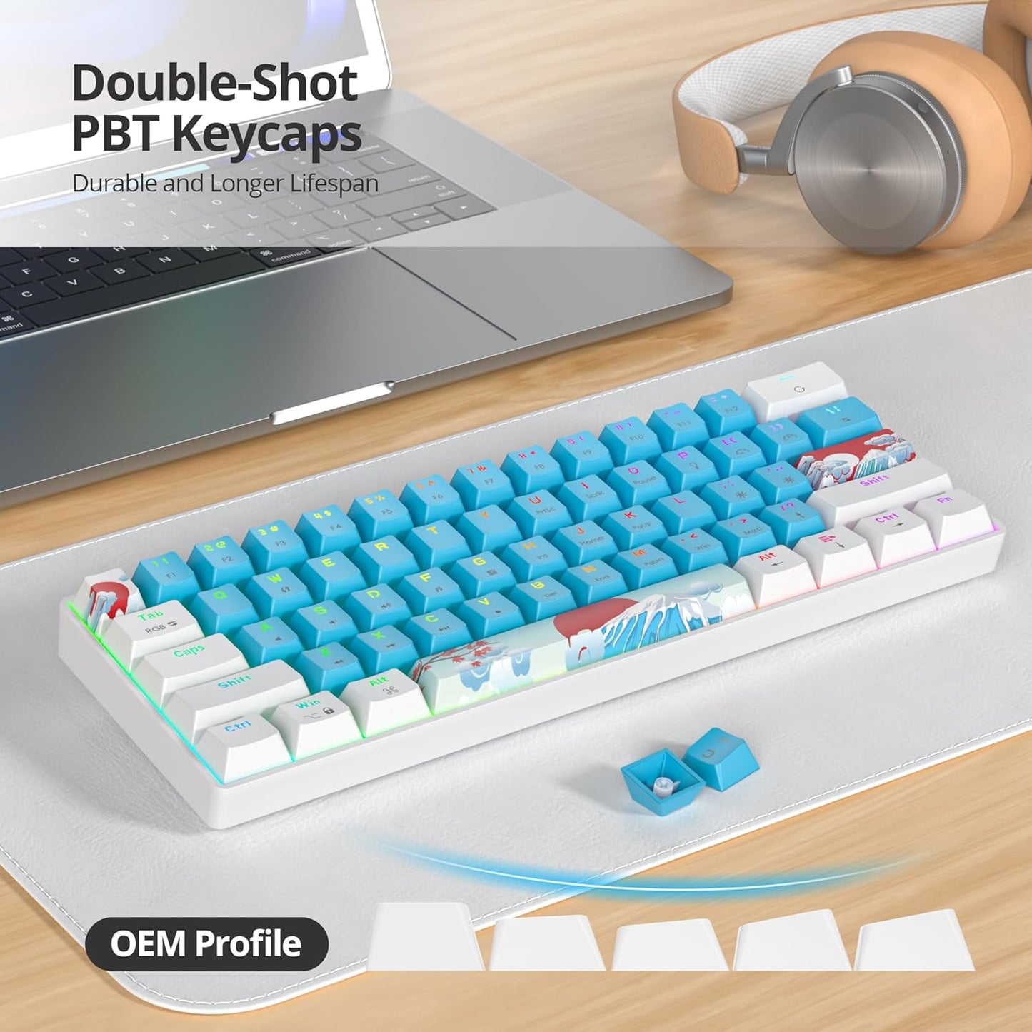 60 Percent Gaming Keyboard Green Matcha Keyboard 61 Keys Wired Mechanical Keyboard Red Switch RGB MDA Keycaps for Windows PC Laptop Gamers(61 Matcha)