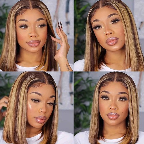 Bob Wig Human Hair Highlight 13x4 Lace Front Wigs Honey Blonde Straight Bob Frontal Wigs Wear and Go Glueless Human Hair Bob Wigs Pre Plucked with Baby Hair for Black Women 4/27 Color 12inch