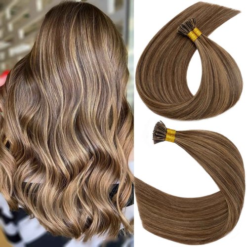 S-noilite Pre bonded I Tip Human Hair Extension for Women 100Strands 50Gram Fusion Stick Tip Remy Human Hair Piece Invisible Keratin Glue K Tip 22Inch #4P27 Medium Brown highlight Dark Blonde