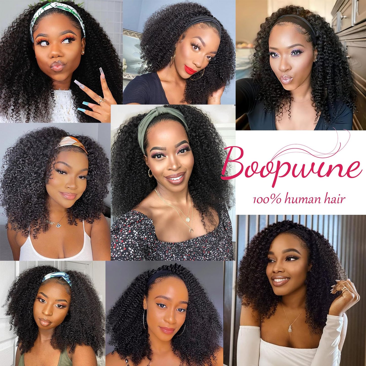 Kinky Curly Headband Wig Human Hair 24 Inch Headband Wigs for Women Human Hair Glueless None Lace Front Curly Wave Wigs Brazilian Virgin Hair Wear and Go Glueless Wig 150% Density Natural Black Color