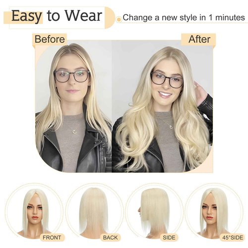 SEGO Human Hair Toppers for Women With Thinning Hair, 7 * 13CM Silk Base 100% Real Human Hair Clip in Top Wiglet Hairpieces /12 Inch No Bangs Platinum Blonde