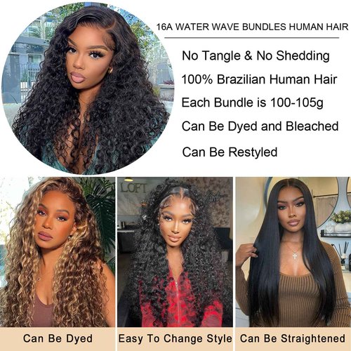 Beauty Queen 16A Raw Hair Water Wave Bundles 14 16 18 Inch 3 Bundles 100% Unprocessed Brazilian Virgin Hair Bundles Quick Weaves Water Curly Hair Extensions Natural Black