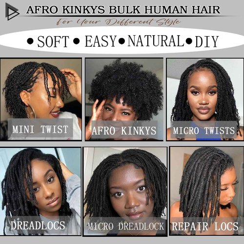 Haftaluv Afro Kinkys Bulk Human Hair 100g 14 Inch Chocolate Brown Afro Kinky Curly Human Hair Bulk for Dreadlock Extensions, Micro Locs, Braiding Twists, Braids and Repair Locs(14 Inch, 4#)