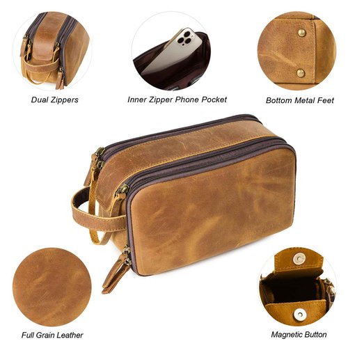 DENGFENGZHE Toiletry Bag for Men, Full Grain Leather Travel Pouch Shaving Dopp Kit Bathroom Toiletries Organizer Bags, Brown