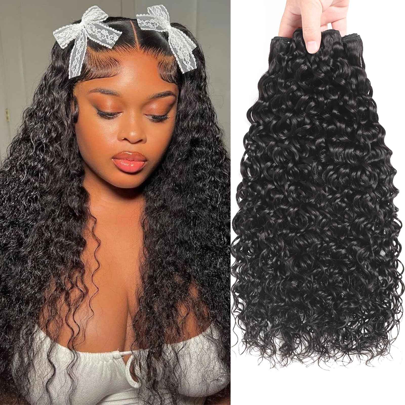 Geomone Water Wave Bundles Human Hair 10A Brazilian Unprocessed Virgin Human Hair Curly Human Hair Bundles Wet and Wavy Hair 14 16 18 Inch Double Weft Thick and Full Natural Black