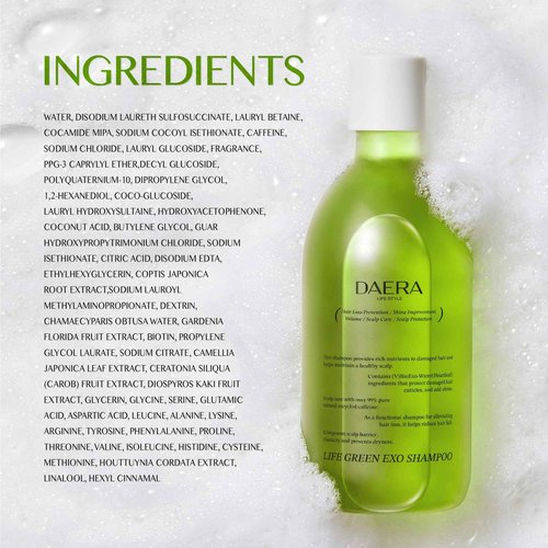 DAERA 2 Pack Life Green Exo Shampoo for Thinning Hair Thickening 10.24 fl oz, Caffeine Biotin Scalp Deep Cleansing, Volumizing & Improving, Heartleaf Extract, Women & Men, All Skin Types