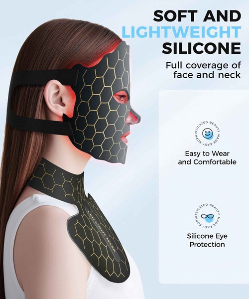 Yahi Red Light Photon Facial & Neck MASK with Remote Control, 7 Custom Modes with Infrared, Portable & Rechargeable with Timer for Home Use,175 High-Density Light Beads, Black