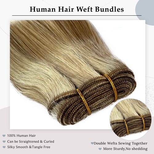 Ash Blonde Balayage Light Blonde Sew in Hair Extensions Real Human Hair 22 Inch 120G Weft Hair Extensions Human Hair Weave Bundles, Hand Tied Weft Hair Extension Sew in Bundles Human Hair