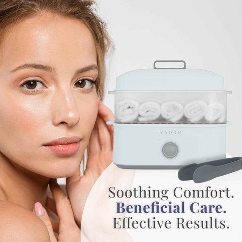 Zadro Towel Steamer with Tongs, 850W Heater, 8L Tray, 1.7L Tank, 30-min Timer for Facials, Manicures, Pedicures, Shaving (13"x12", 120V/850W, 8L, Blue/Gray)