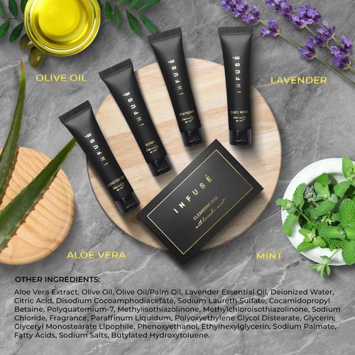 Infuse Black Soaps & Toiletries Bulk Set | 1-Shoppe Amenities Kit for Hotels & Vacation Rentals | 1 oz Shampoo, Conditioner, Body Wash, Lotion, 1.25 oz Cleansing Bar | 75 Pieces