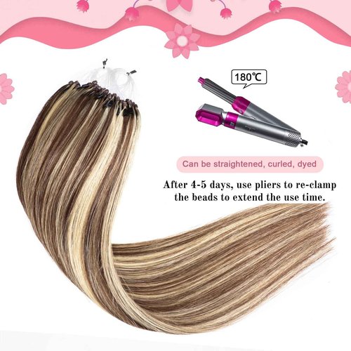 Kpvxxve 24 Inch Human Hair Extensions Micro Beads Hair Extensions Ombre Remy Human Hair Brown with Bleach Blonde Micro Loop Human #4/613 Microbeads Hair 50g 1g/s