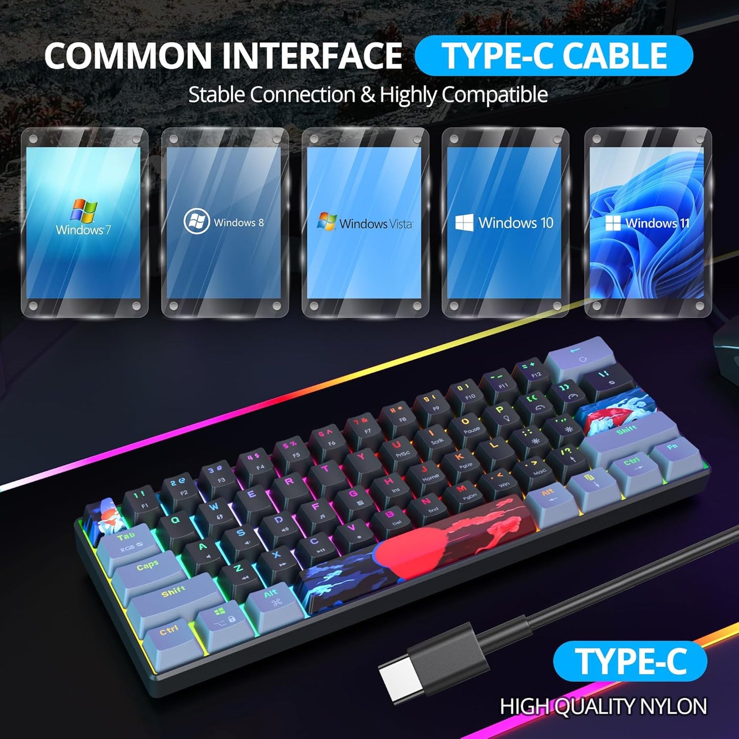 60 Percent Gaming Keyboard Mechanical with Linear Red Switch, 65% Wired Ultra-Compact Mini Keyboard Rainbow with PBT Keycaps for Ps4/Ps5/Xbox(68 MonsterB)