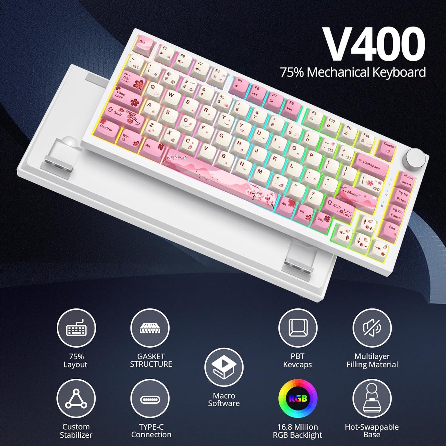 75% TKL Wired Mechanical Keyboard,RGB Backlit Gasket Mount 82 Key Hot Swappable Custom Linear Red Switch Gaming Keyboard with Volume Knob & PBT Keycaps (82 White Earth)