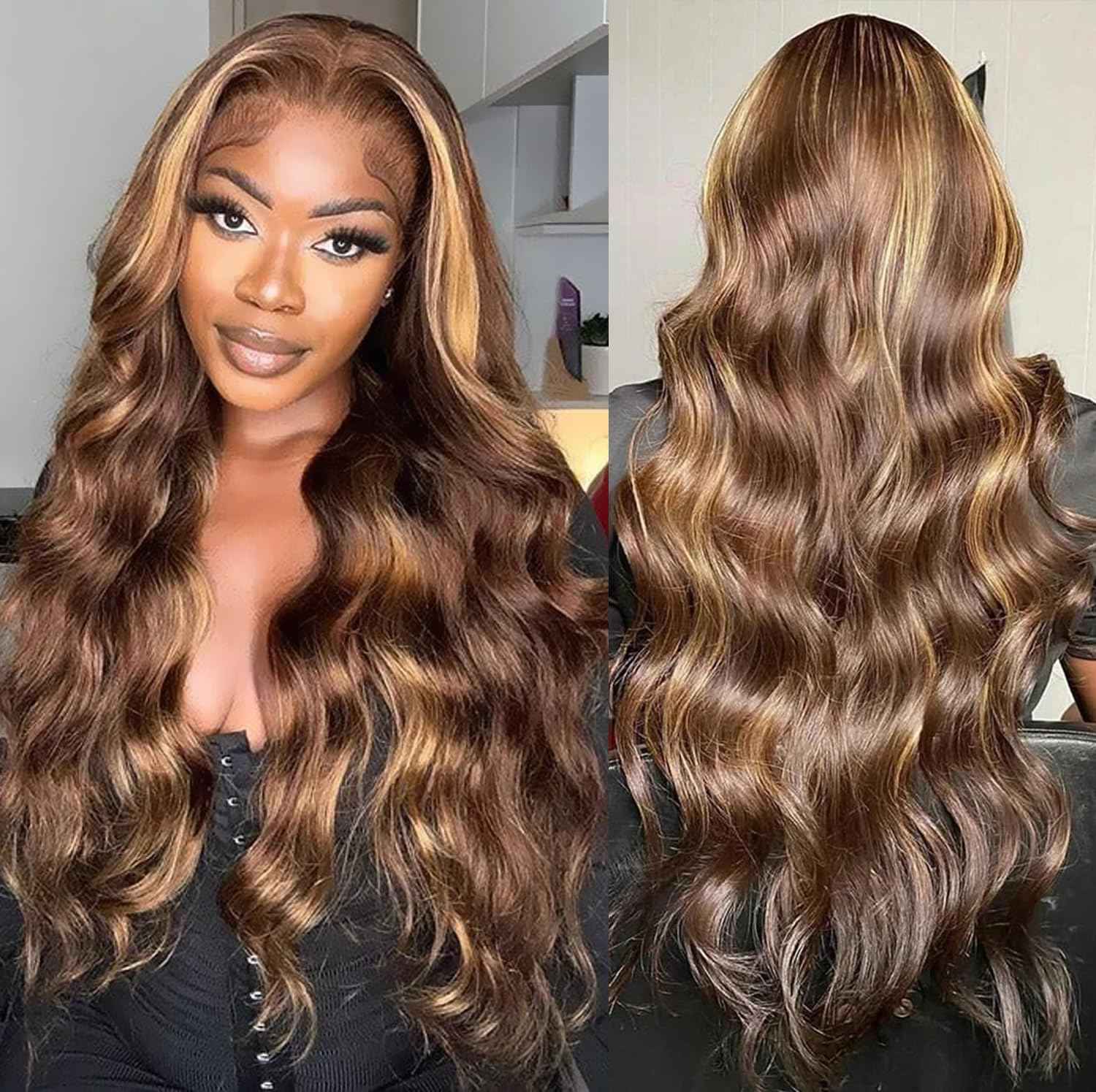 Highlight Ombre Lace Front Wigs Human Hair 28 Inch 13X4 Body Wave Honey Blonde HD Lace Front Wigs Human Hair Pre Plucked with Baby Hair 180% Density 4/27 Balayage Glueless Wigs for Black Women