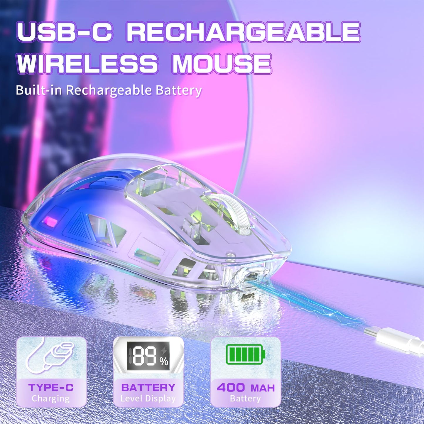 ZIYOU LANG A2 Transparent Wireless Gaming Mouse with Battery Level Display,Bluetooth/2.4G Wireless PC Mice,3D RGB Backlit,5 Million Clicks,PixArt 3212,up to 4000 DPI for Win/MAC,Purple