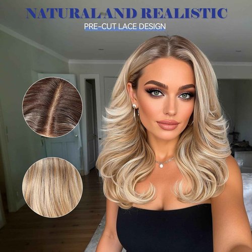 HAIRCUBE Glueless Synthetic Lace Front Wig, 18 Inch Ombre Brown Hightlight Curly Wigs, Put on Go Layered Wigs for Women Daily Use