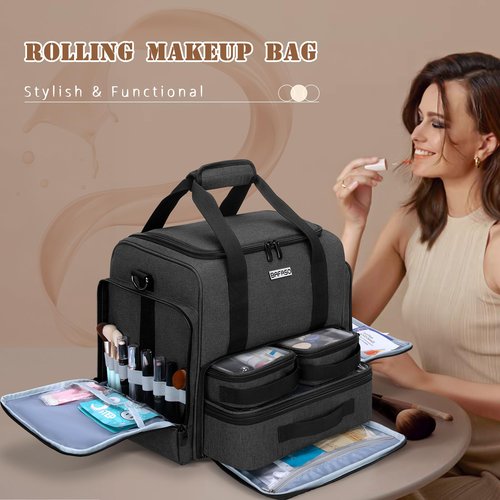 BAFASO Rolling Makeup Case with 3 Removable Pouches and 1 Makeup Brush Bag, Professional Makeup Train Case Cosmetic Bag with Detachable Dolly (Patented), Black