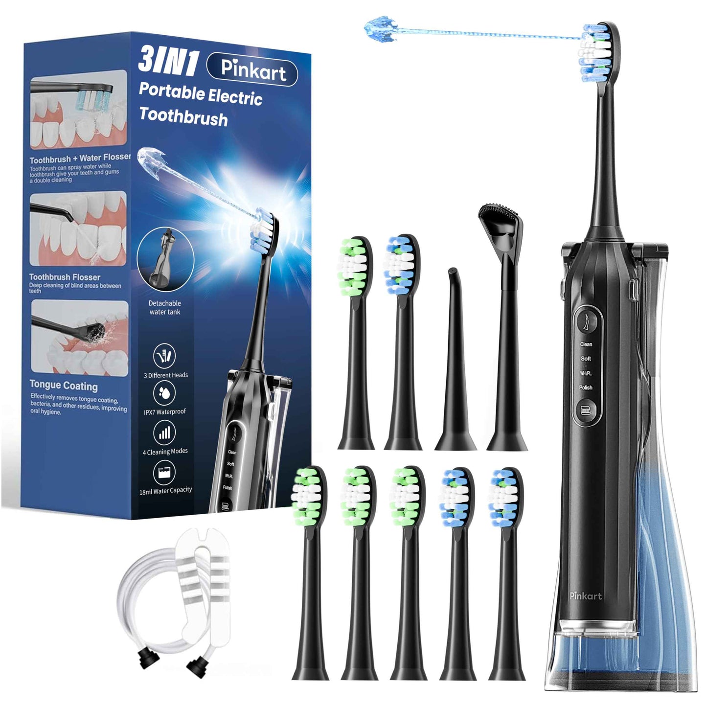 Pinkart 3 in 1 Electric Toothbrush with Water Flosser Combo for Adults, Toothbrush Flosser Combo in One, 8 Brush Heads, Flosser Tip, 180ML Water Tank, Rechargeable Portable Oral Irrigator (Black)