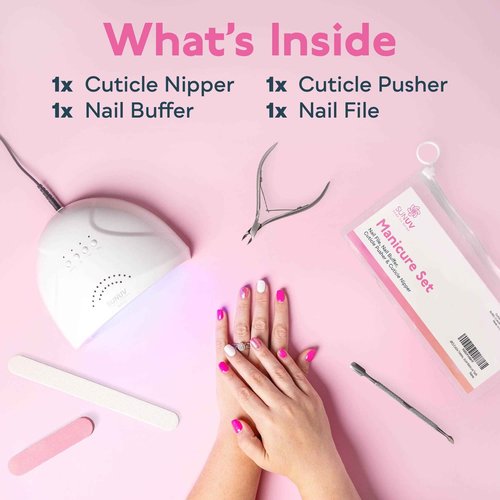 SUNUV UV LED Nail Lamp with 4PCS Cuticle Nippers, Cuticle Pusher with Nail File and Buffer Set, Professional Stainless Steel Durable Pedicure Manicure Nail Care Tools