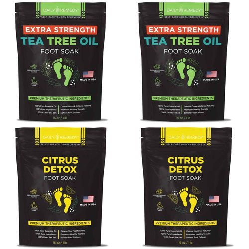 DAILY REMEDY 4-Pack Foot Soak Set - 2 Extra Strength Tea Tree Oil & 2 Citrus Detox - Made In USA - Soothes Tired Feet, Athletes Foot, Stubborn Foot Odor, Softens Calluses & Refreshes & Detoxifies
