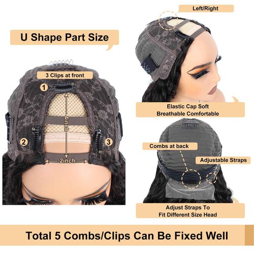 Deep Wave U Part Wig Human Hair for Women 12A Grade Brazilian Virgin Deep Curly Upart Wig Human Hair Wigs 180% Density Glueless Full Head Clip in Half Wig U Shape Wig Natural Color (22 Inch)