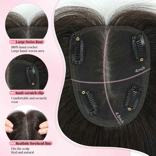 HOLFWALF Hair Toppers for Women Real Human Hair Topper for Women with Thinning Hair 12inch 4x4.8 Large Swiss Base Hairpieces (Dark Brown)